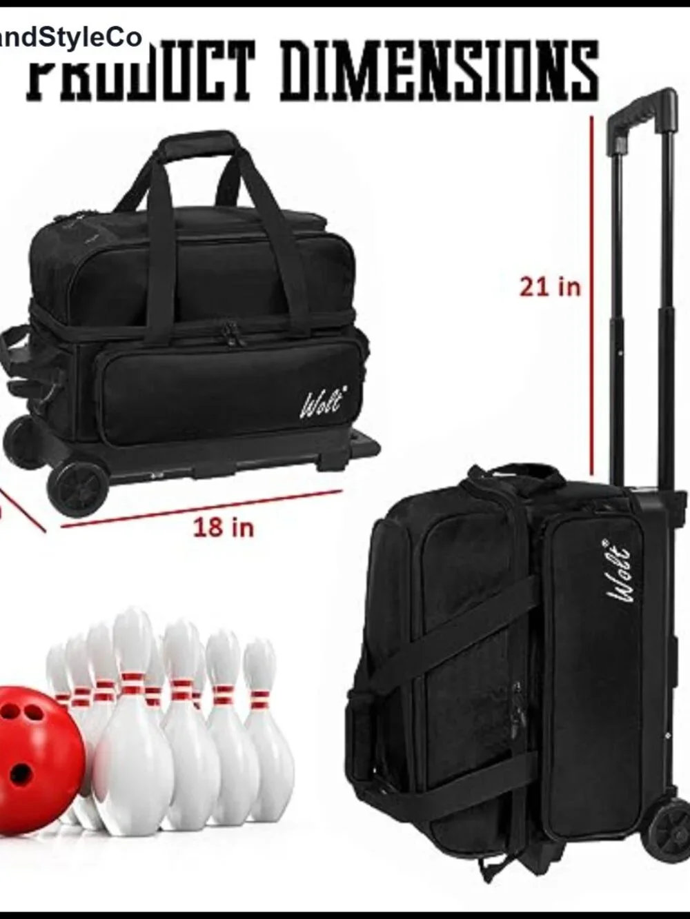 2 Ball Bowling Roller Bag with Wheels & Retractable Handle 40